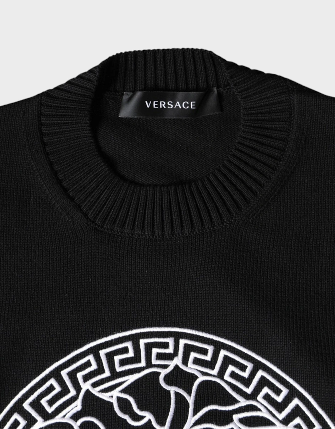 Sweater Medusa Embroidery Crew Neck Pullover Black