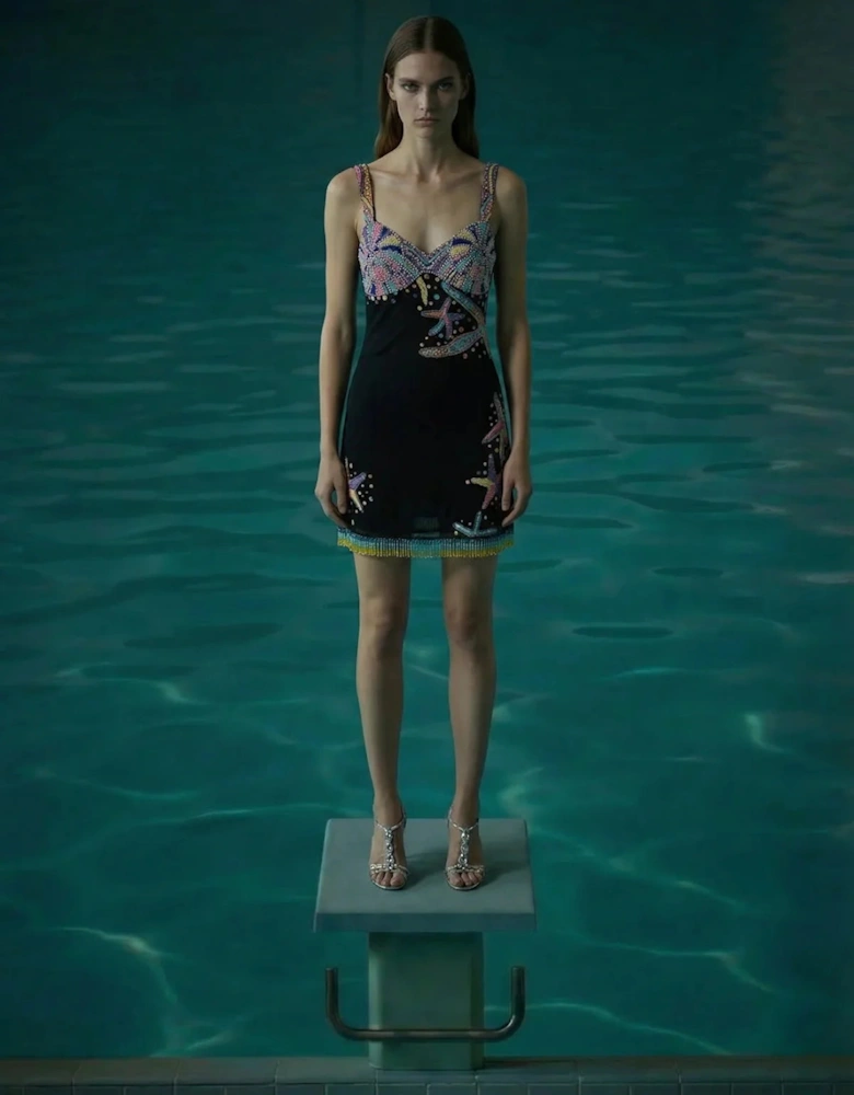 Tasseled Crescent Shell Mini Dress - Black