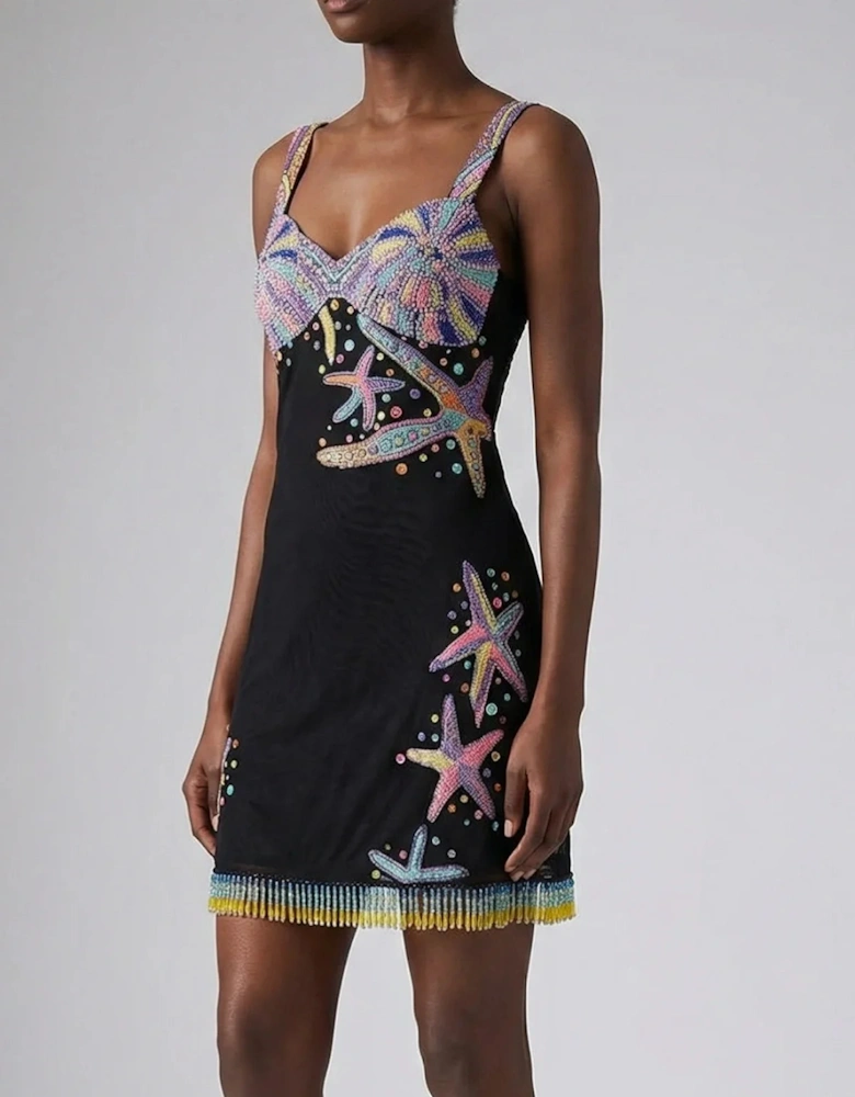 Tasseled Crescent Shell Mini Dress - Black