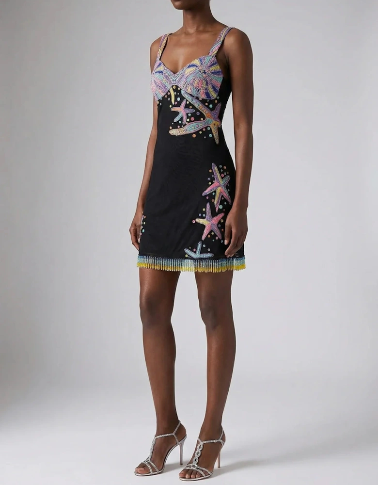 Tasseled Crescent Shell Mini Dress - Black