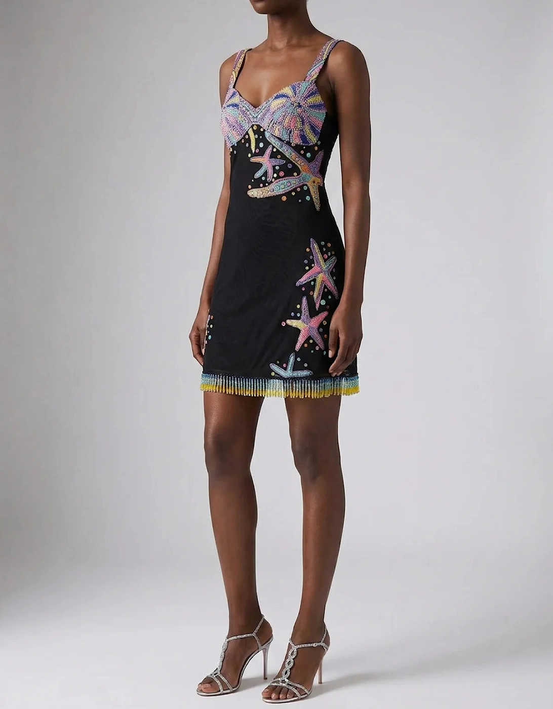 Tasseled Crescent Shell Mini Dress - Black