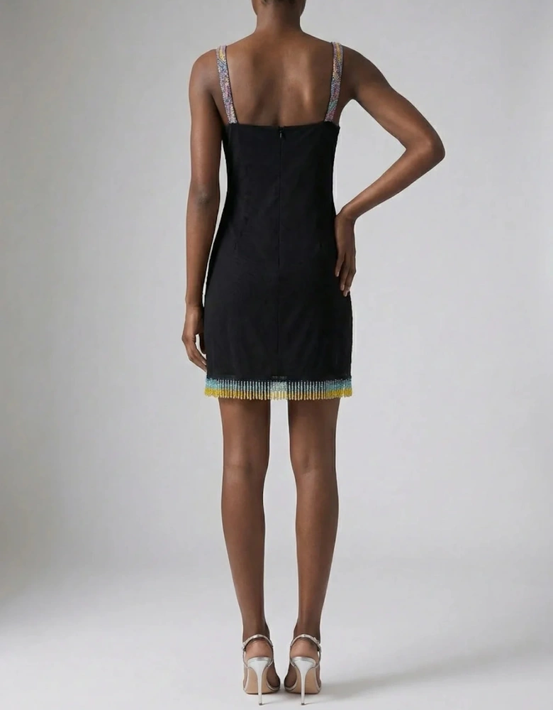 Tasseled Crescent Shell Mini Dress - Black