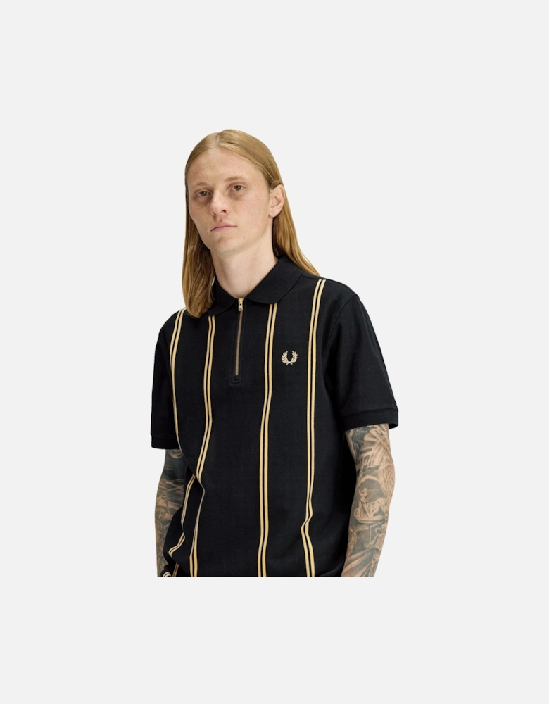 Vertical Stripe Half Zip Polo Shirt Black/Champagne