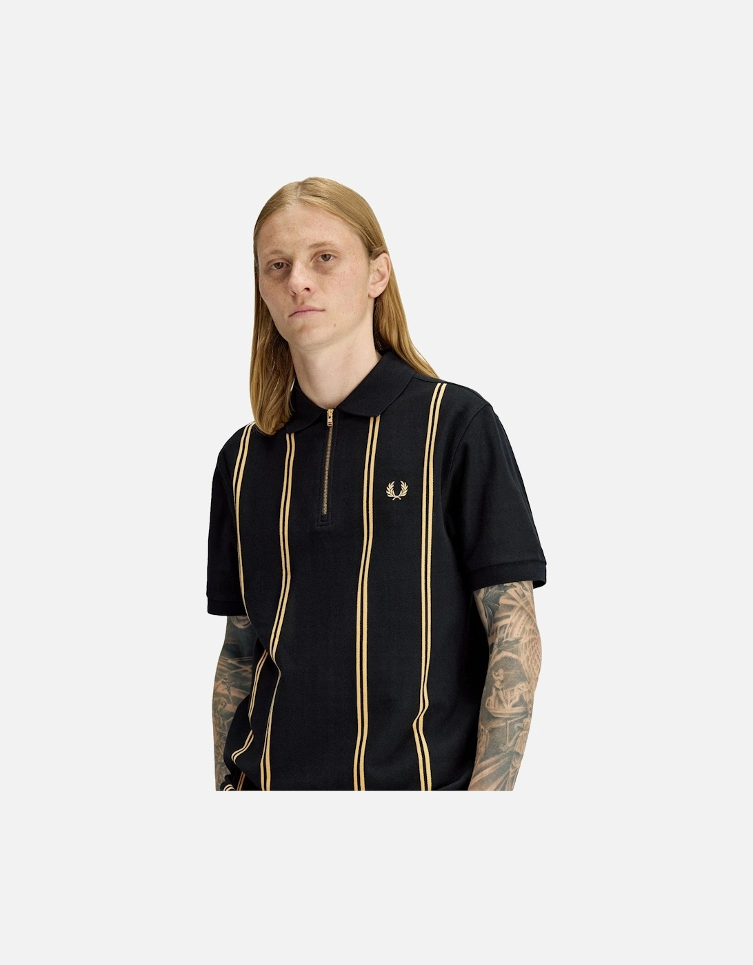 Vertical Stripe Half Zip Polo Shirt Black/Champagne