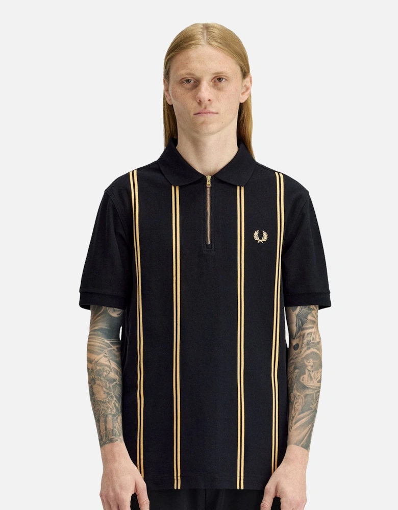 Vertical Stripe Half Zip Polo Shirt Black/Champagne