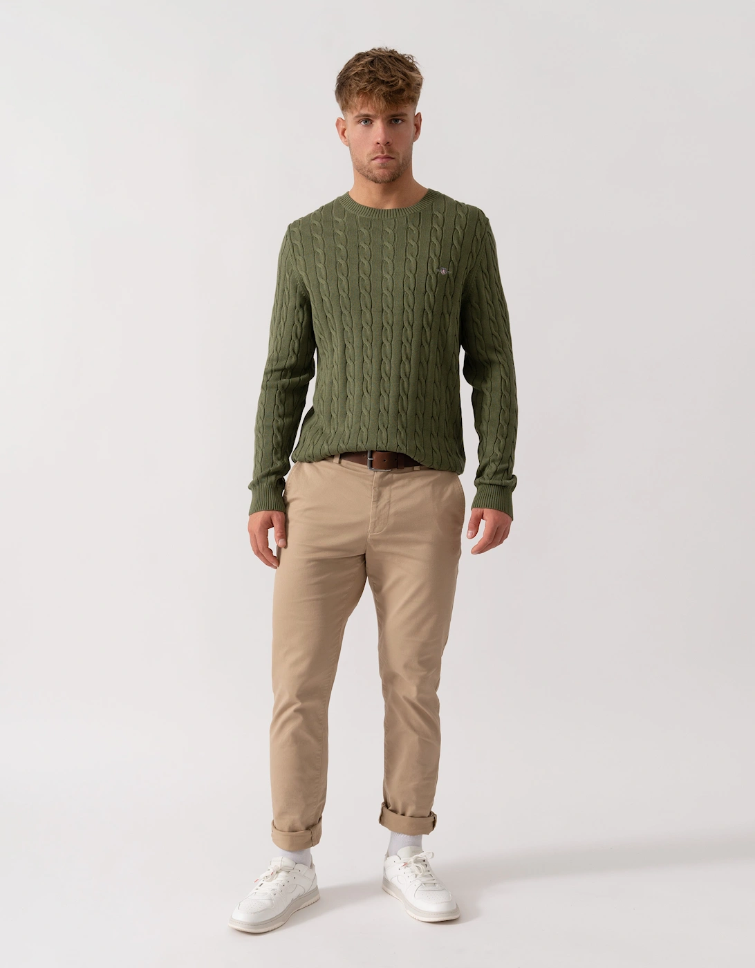Mens Cotton Cable Knit Crew Neck Jumper - 379 Dry Herb Green