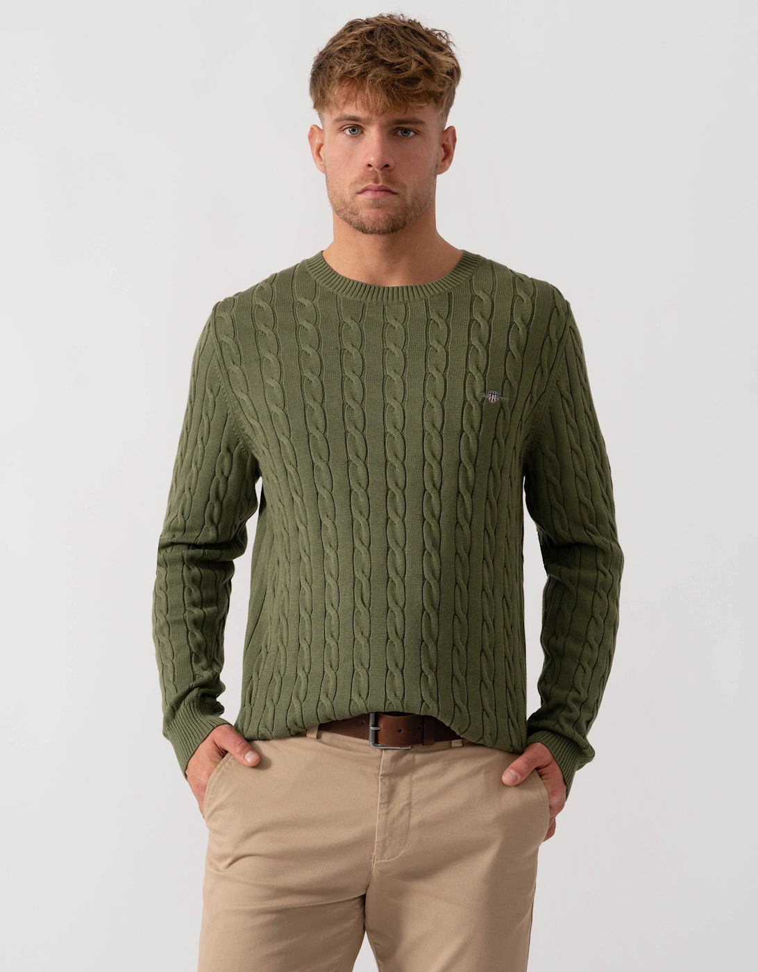 Gant Men's Dry Herb Green Cotton Cable Knit Crew Neck Jumper - 379 - Size: 42