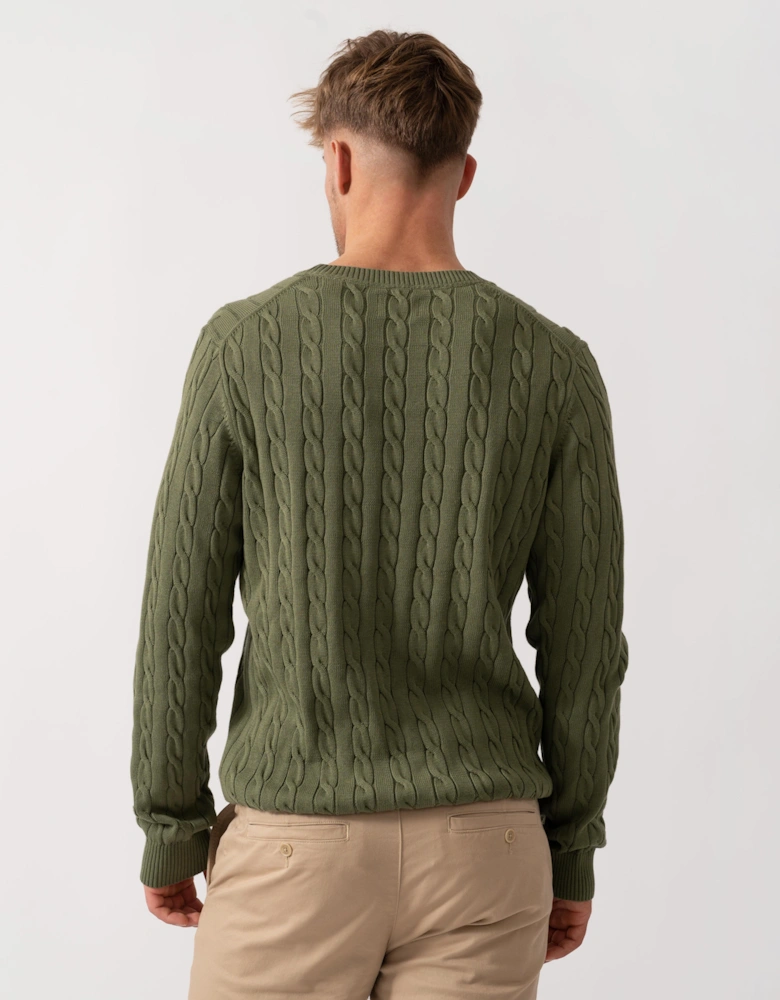 Mens Cotton Cable Knit Crew Neck Jumper - 379 Dry Herb Green