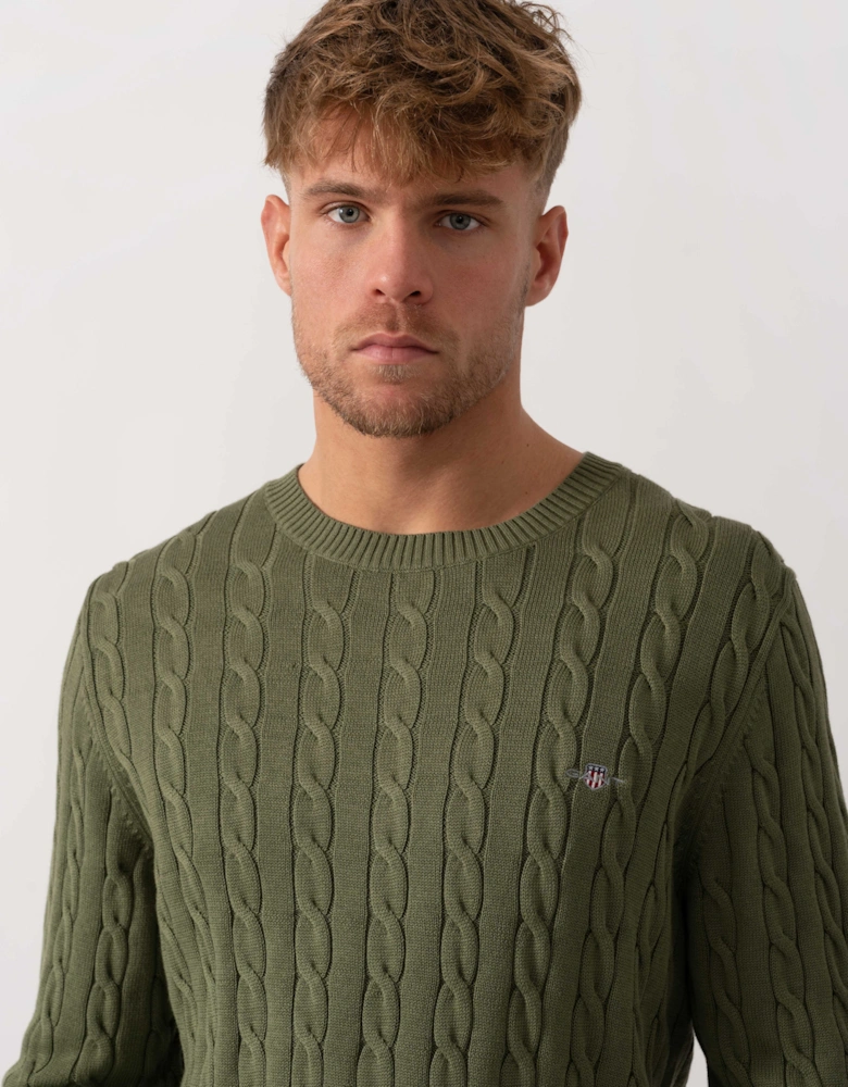 Mens Cotton Cable Knit Crew Neck Jumper - 379 Dry Herb Green