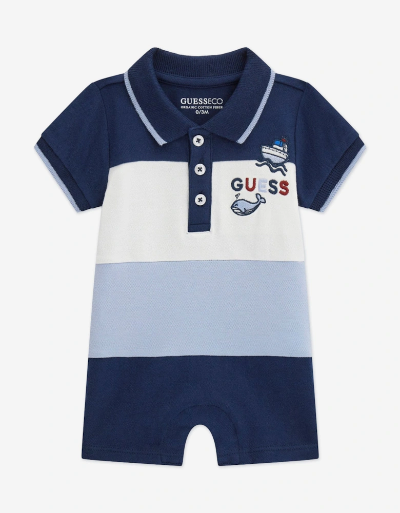 Baby Boys Striped Polo Romper in Navy
