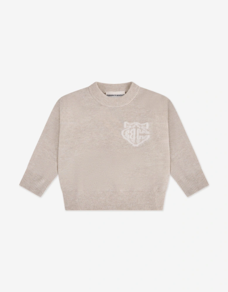 Kids Monogram Emblem Fluffy Knit Jumper in Beige