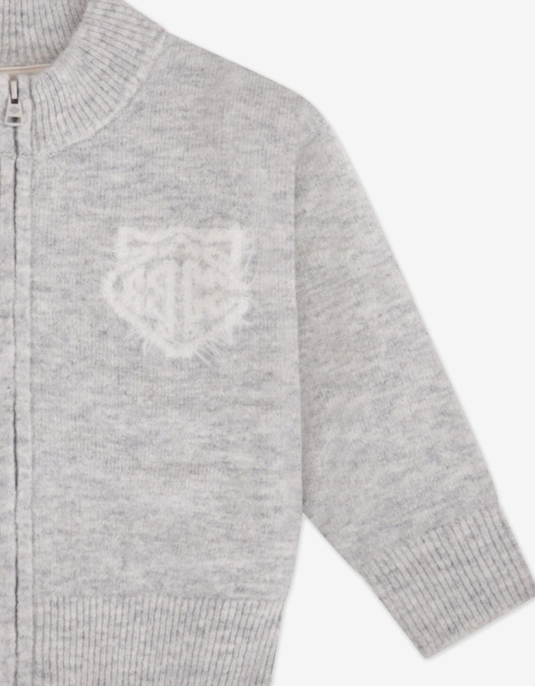Kids Monogram Fluffy Knit Zip Up Top in Grey
