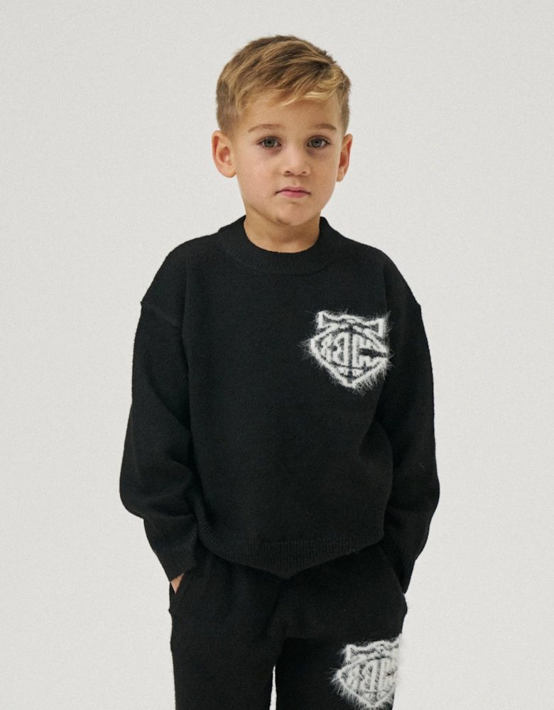 Kids Monogram Emblem Fluffy Knit Jumper in Black