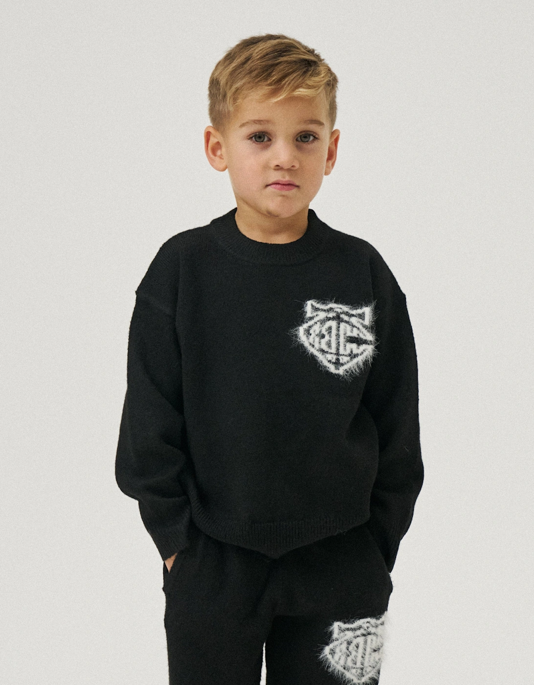 Kids Monogram Emblem Fluffy Knit Jumper in Black