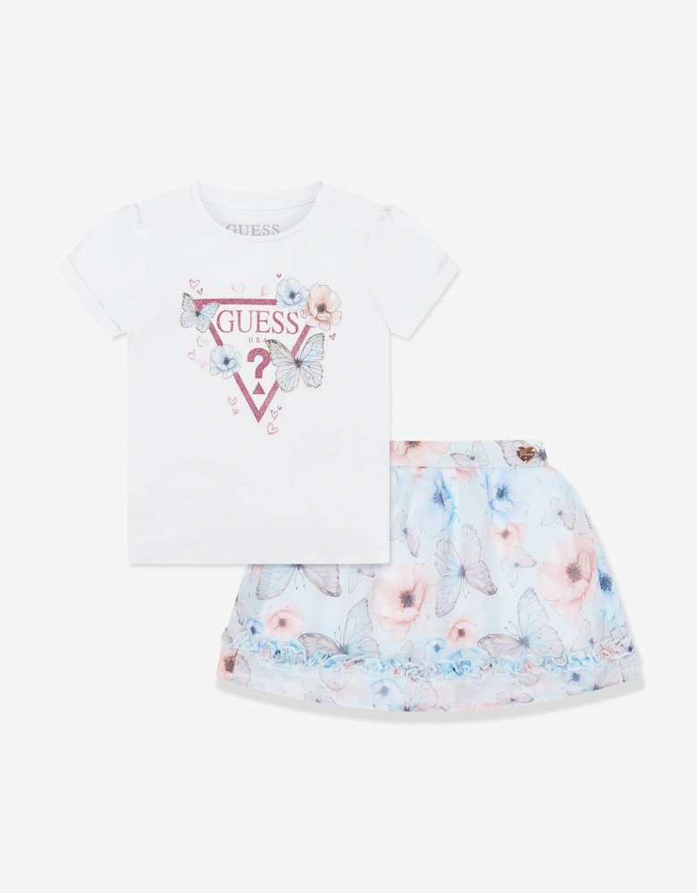 Girls Butterfly T-Shirt and Chiffon Skirt Set in White