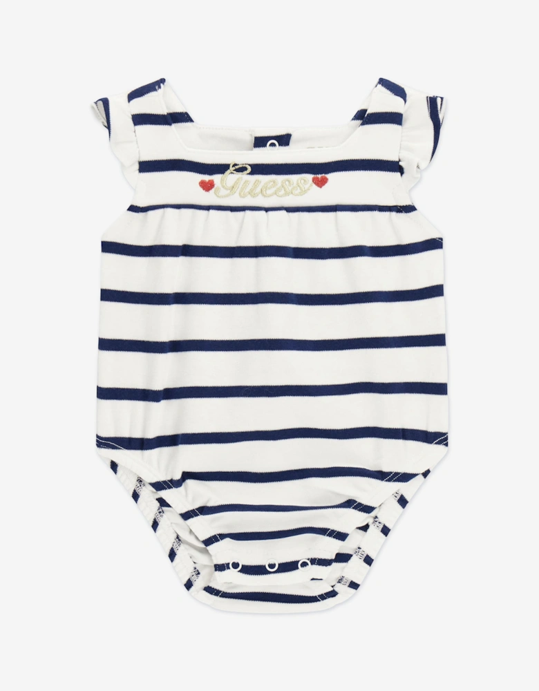 Baby Girls Striped Logo Romper in Navy