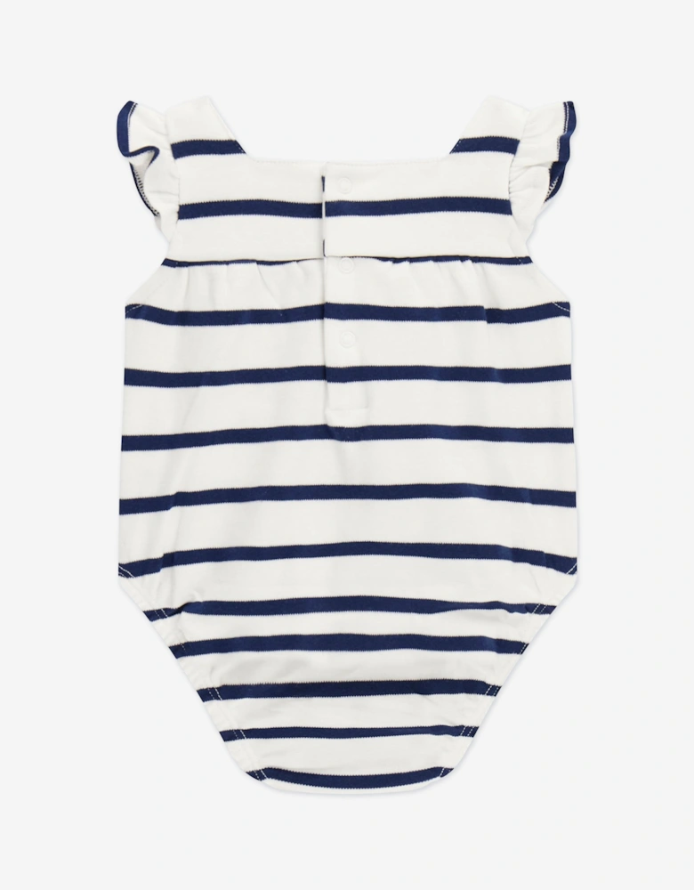 Baby Girls Striped Logo Romper in Navy