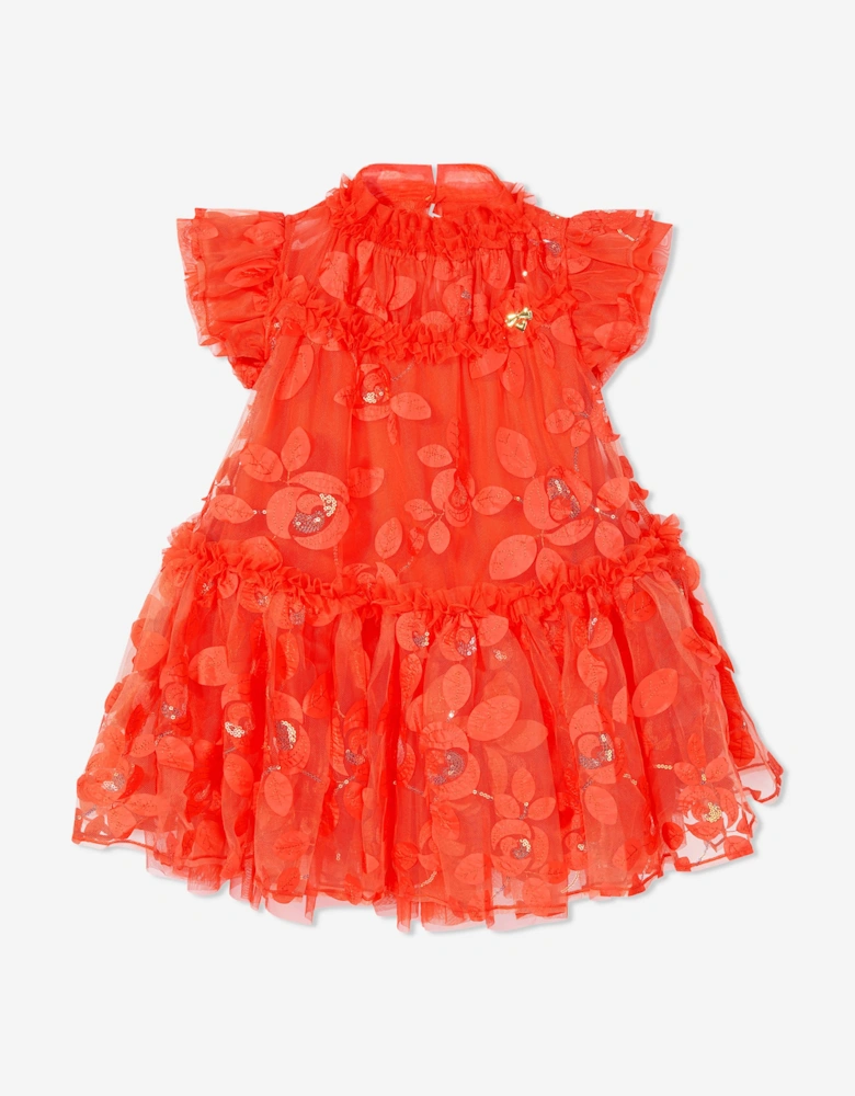 Angels Face Girls Marietta Embroidered 3D Bud Tulle Dress in Orange