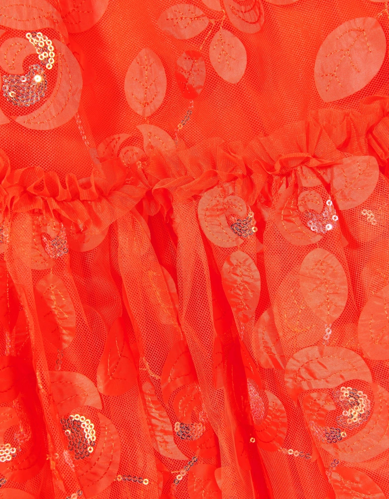 Angels Face Girls Marietta Embroidered 3D Bud Tulle Dress in Orange