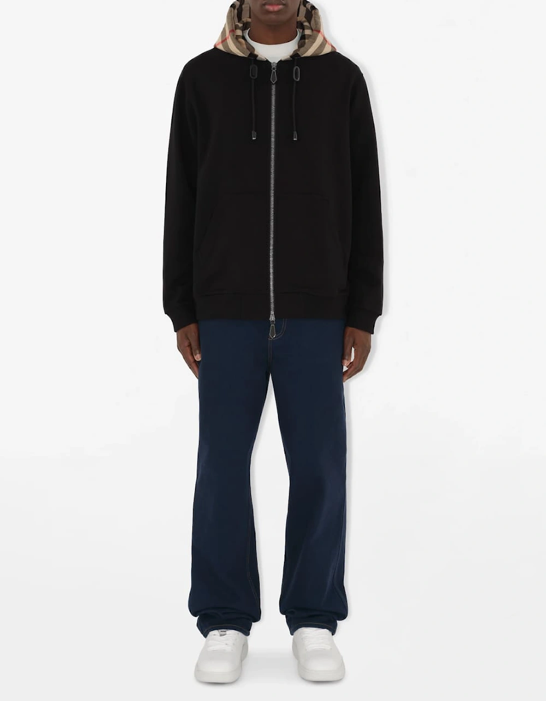 (Pre-Order 4 Weeks) Check Trim Zip-Up Hooded Cotton Sweatshirt Black