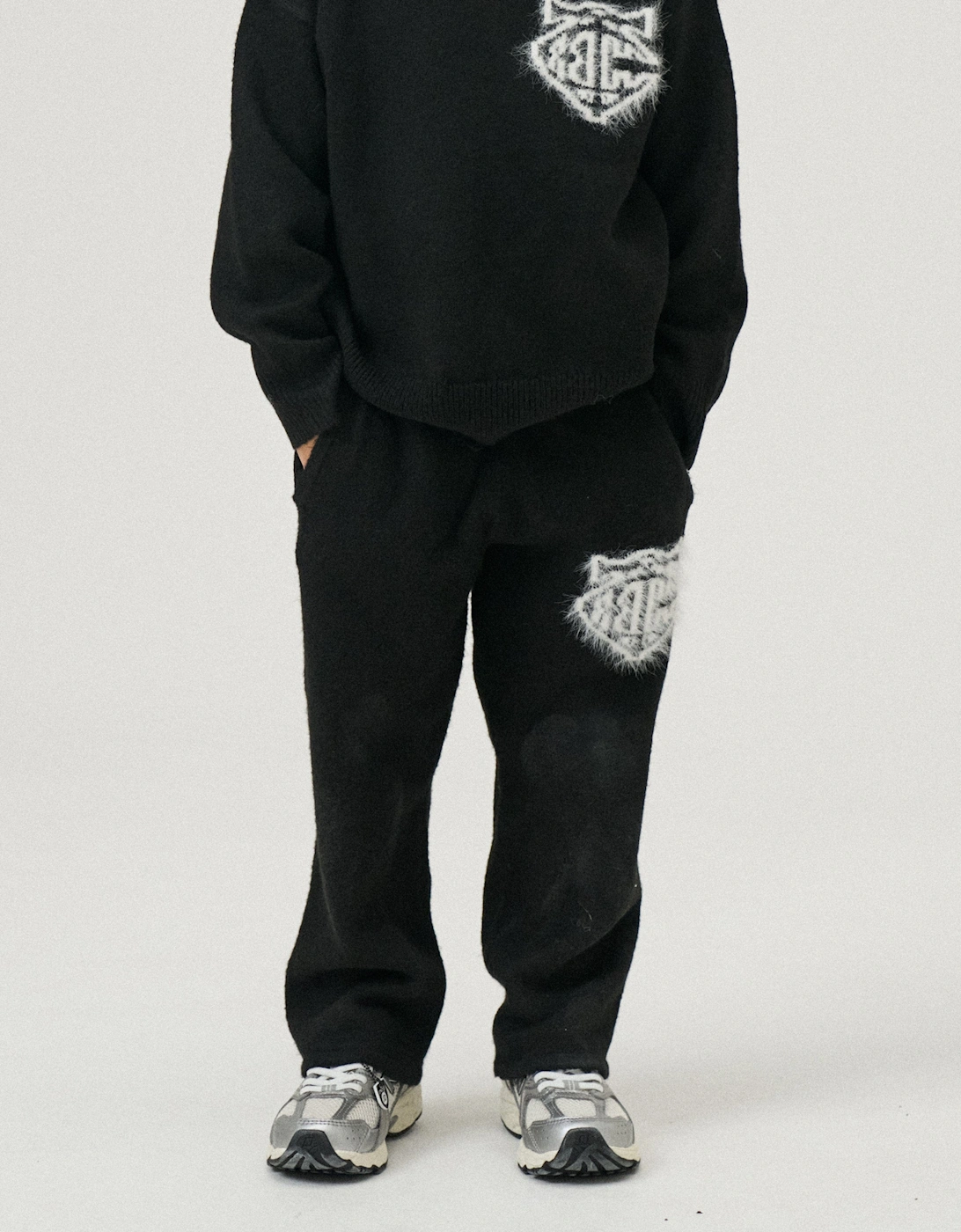 Kids Monogram Emblem Fluffy Knit Joggers in Black