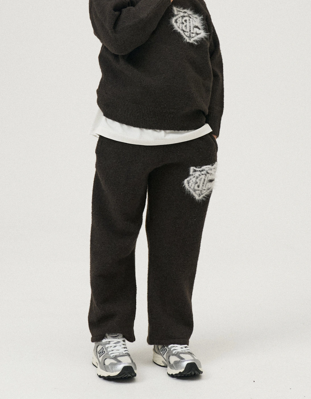 Kids Monogram Emblem Fluffy Knit Joggers in Brown