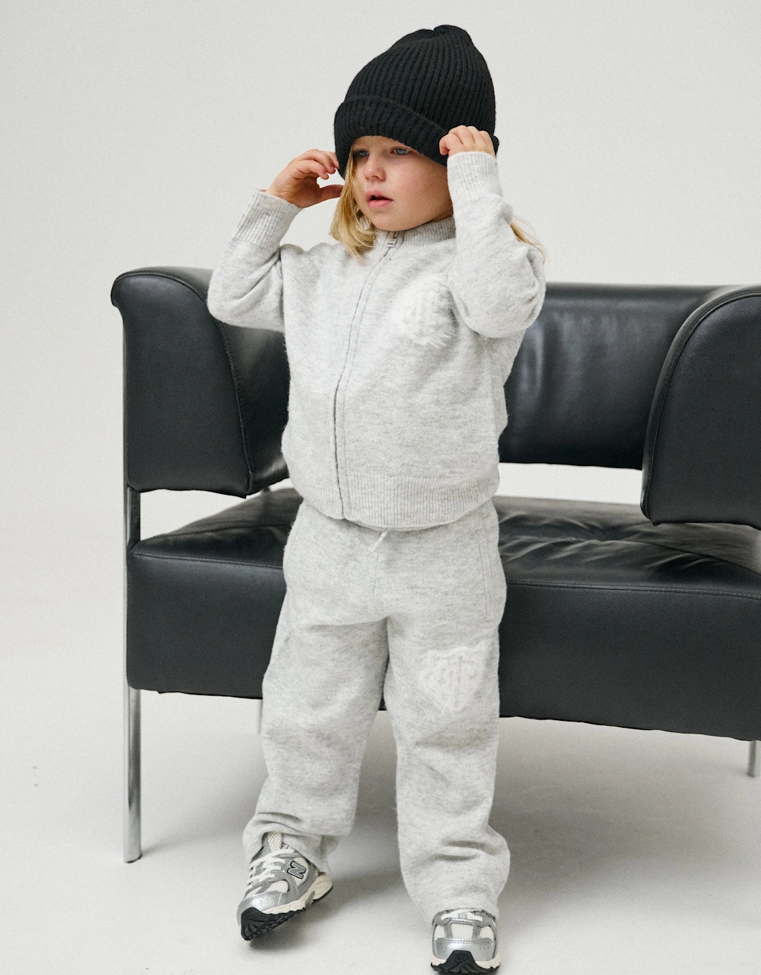 Kids Monogram Emblem Fluffy Knit Joggers in Grey