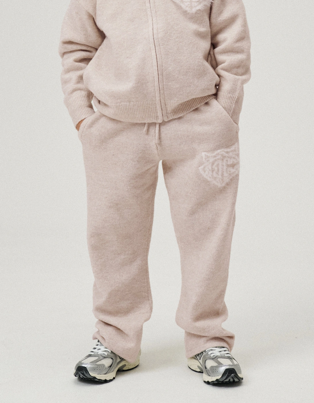 Kids Monogram Emblem Fluffy Knit Joggers in Beige