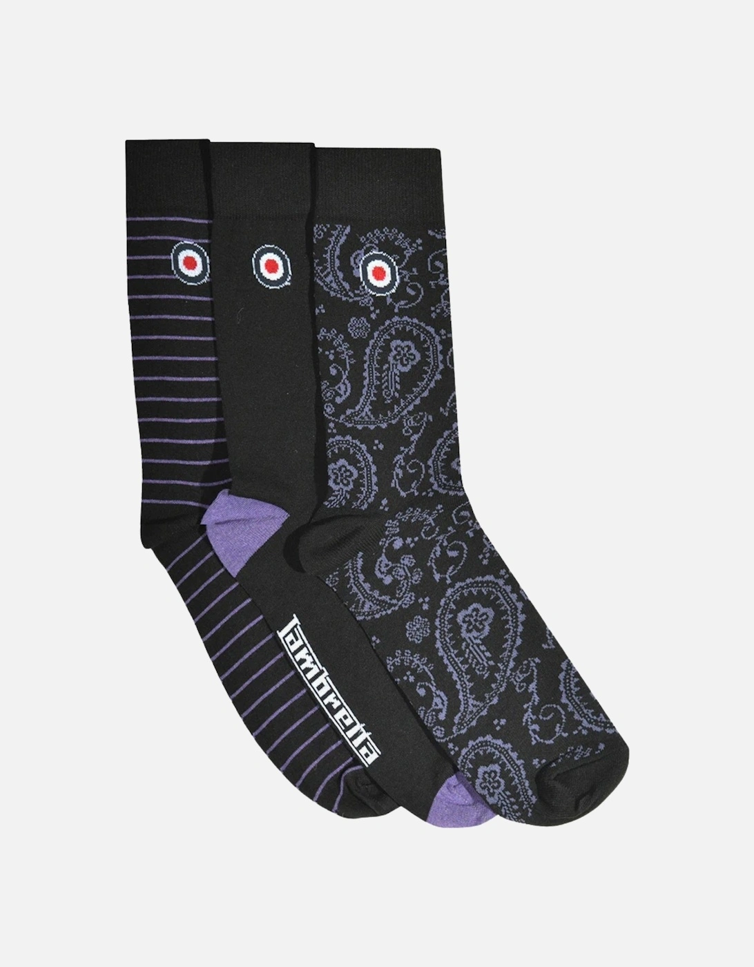 Mens 3 Pack Paisley & Plain Crew Socks - Black/Wine - OS, 2 of 1