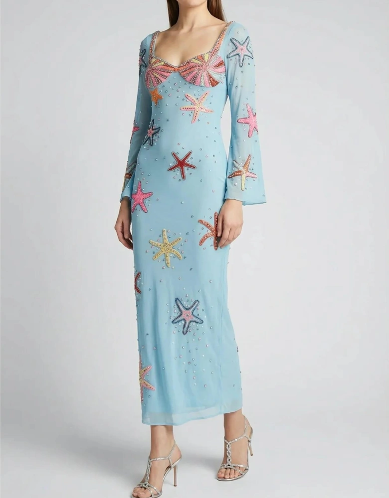 Crescent Shell Bell Sleeve Dress - Blue