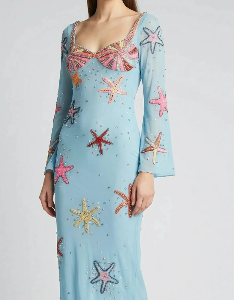 Crescent Shell Bell Sleeve Dress - Blue