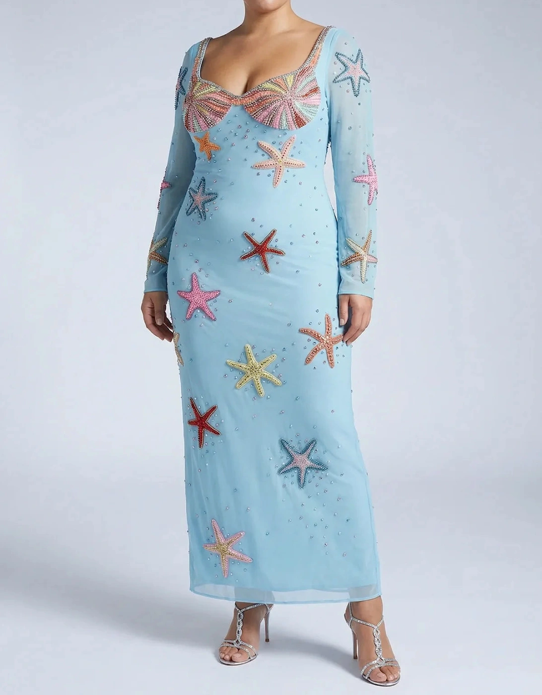 Crescent Shell Bell Sleeve Dress - Blue