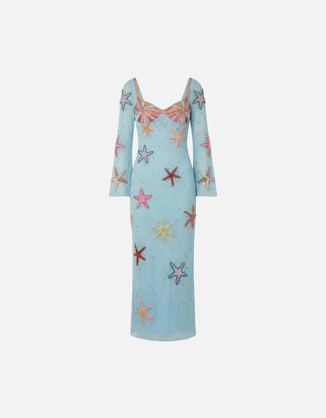 Crescent Shell Bell Sleeve Dress - Blue