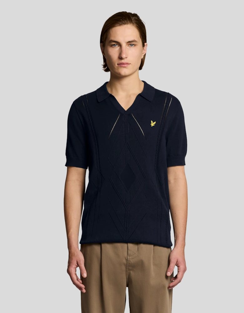 Open Collar Argyle Knitted Polo Shirt