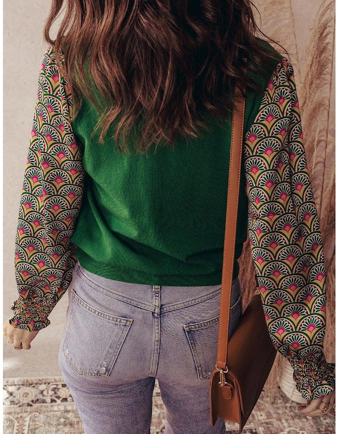 Blackish Green Floral Patchwork Shirred Cuff Puff Sleeve Sweater, 4 of 3