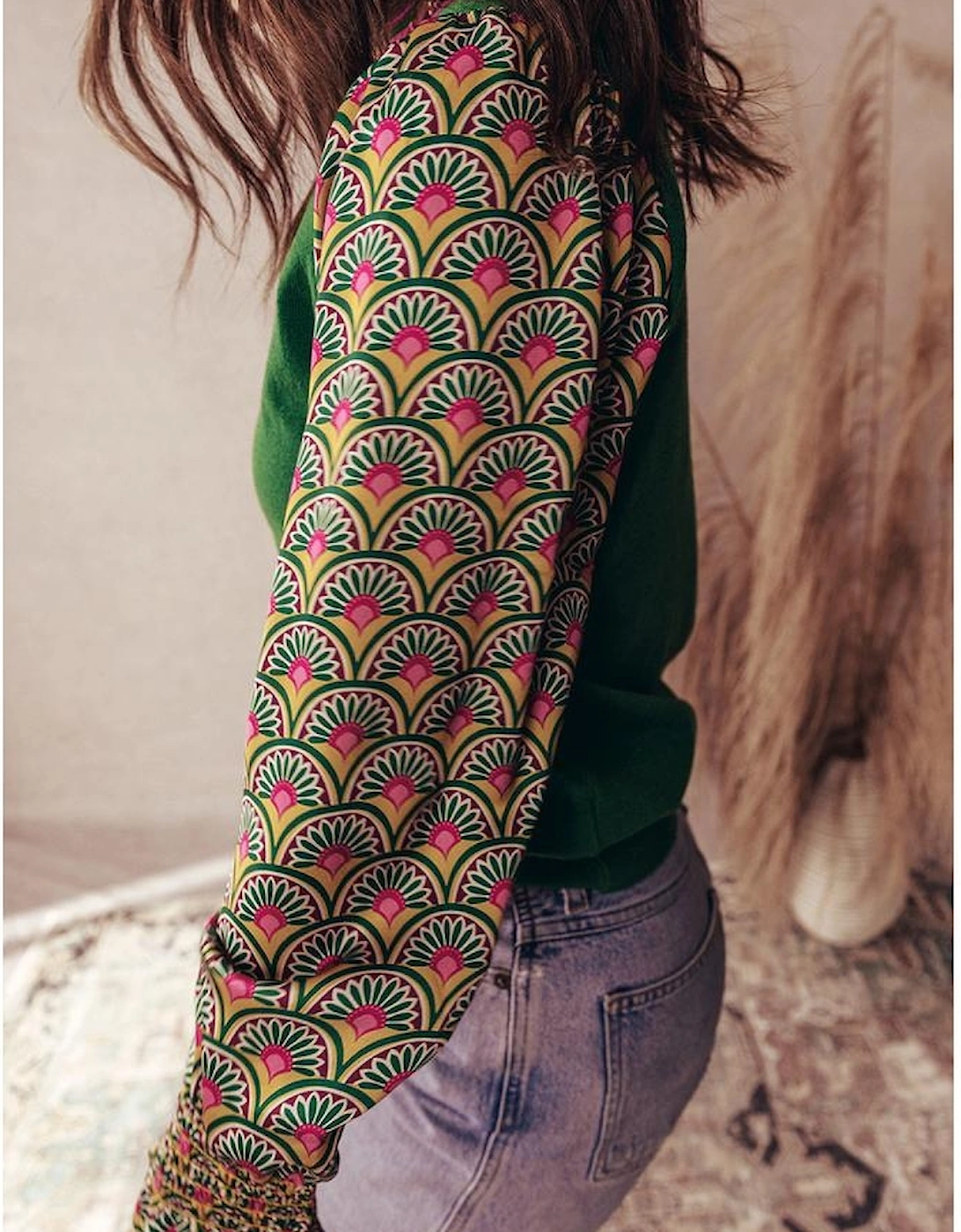 Blackish Green Floral Patchwork Shirred Cuff Puff Sleeve Sweater