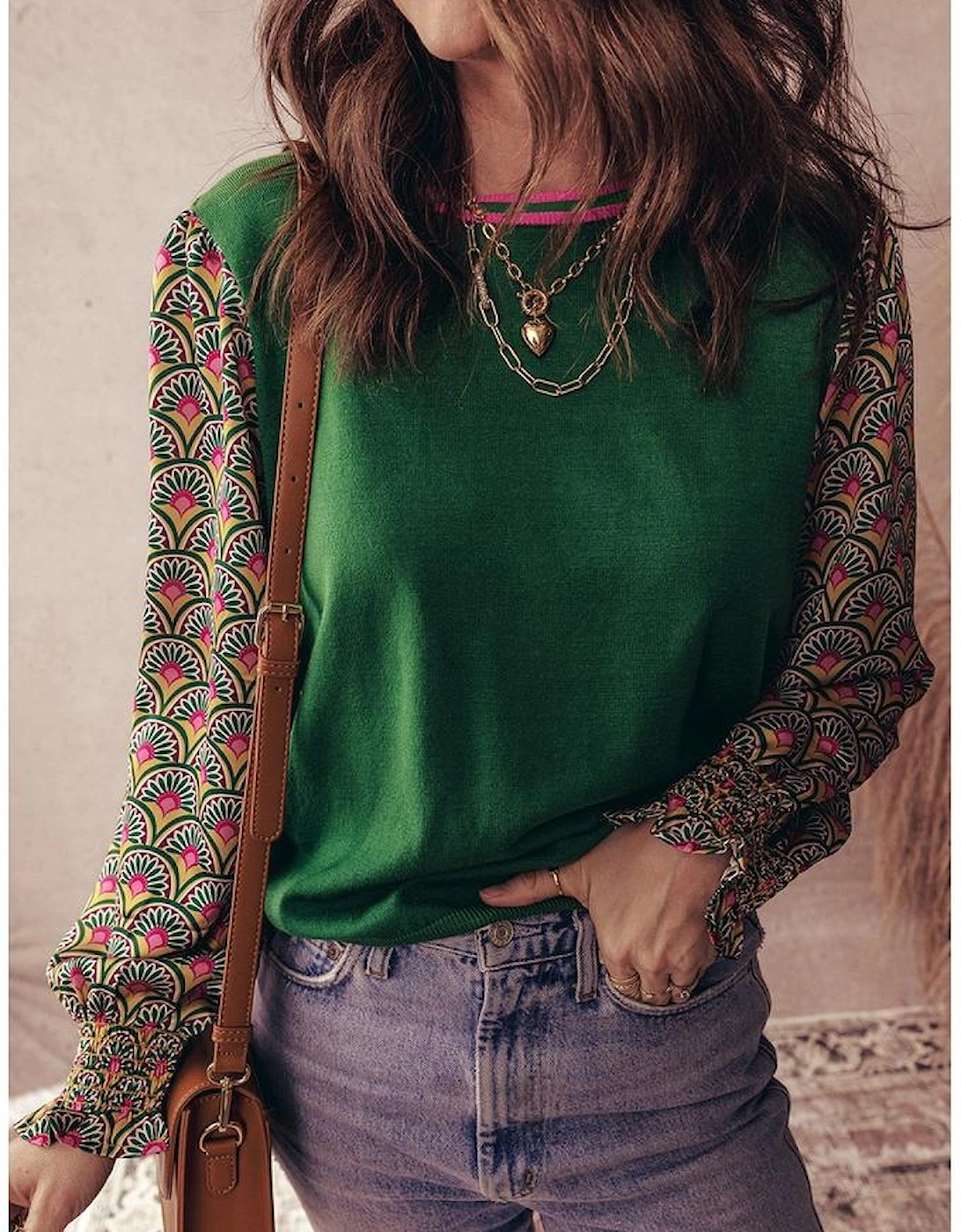 Blackish Green Floral Patchwork Shirred Cuff Puff Sleeve Sweater