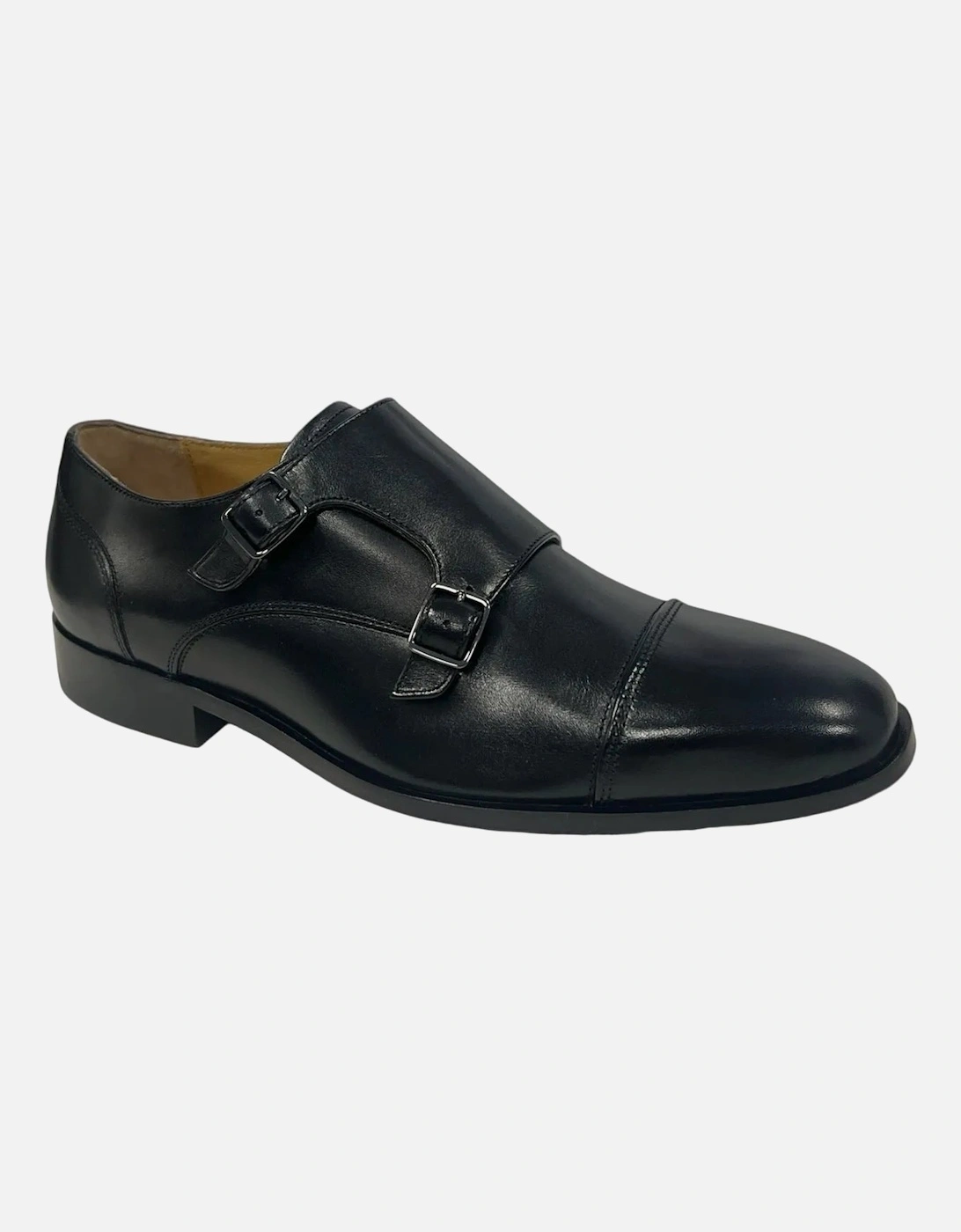 Toe Cap Monk Leather Men's Black Shoes, 6 of 5