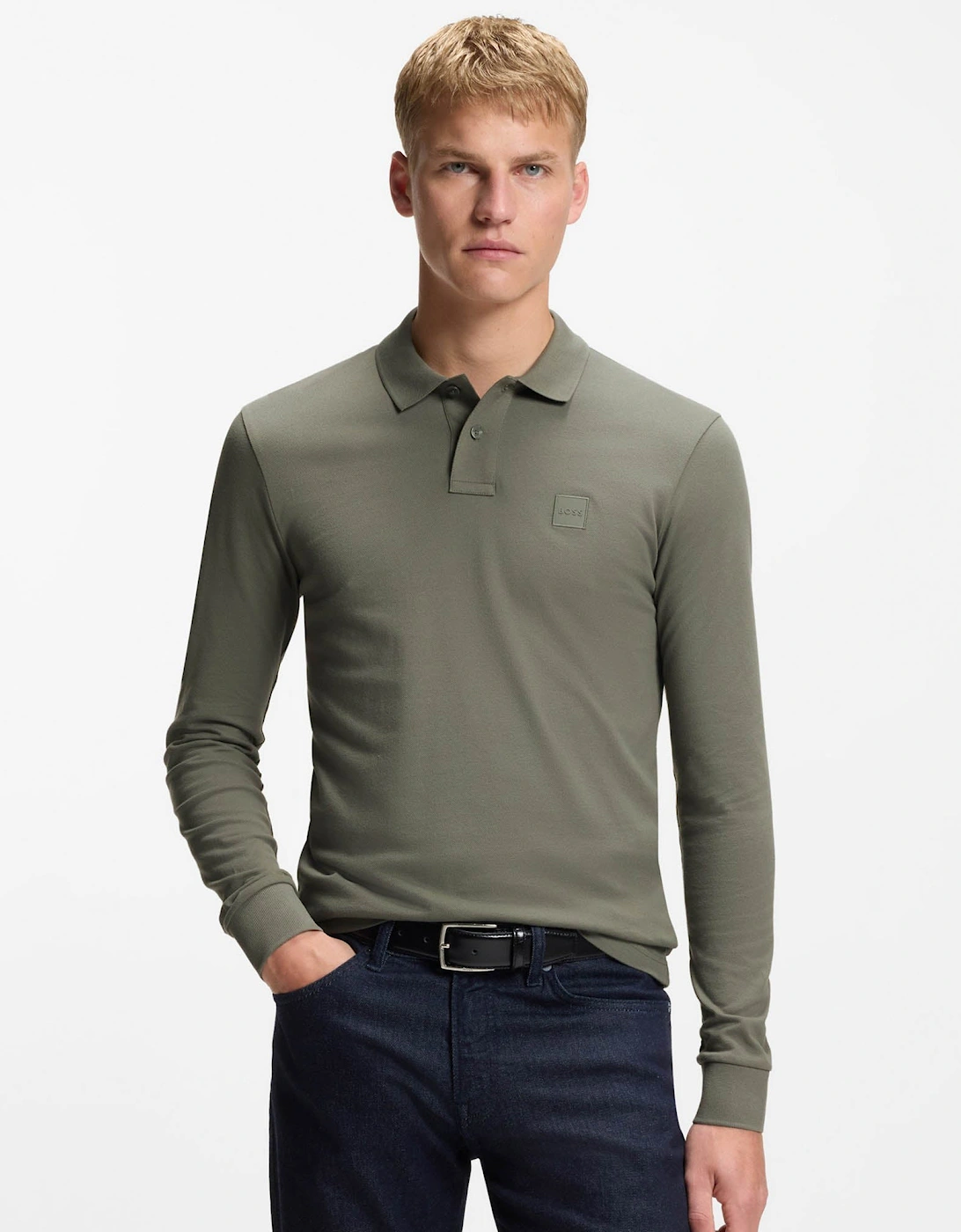 BOSS Orange Passerby Mens Long Sleeve Stretch-Cotton Polo Shirt with Logo Patch - Open Grey 076, 5 of 4