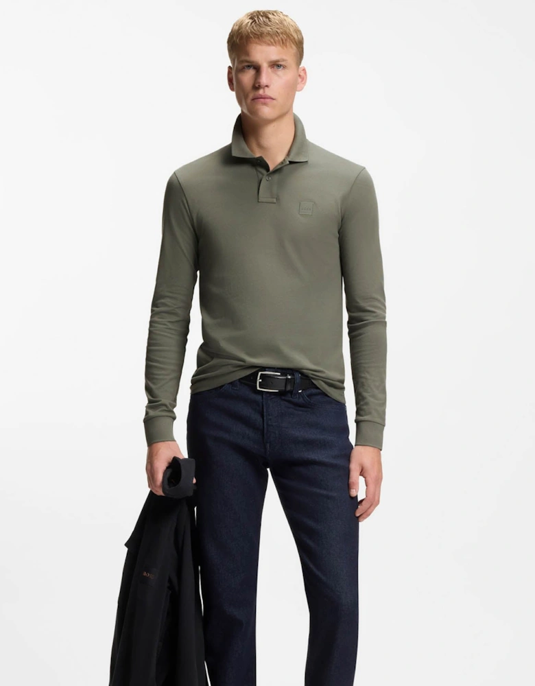 BOSS Orange Passerby Mens Long Sleeve Stretch-Cotton Polo Shirt with Logo Patch - Open Grey 076