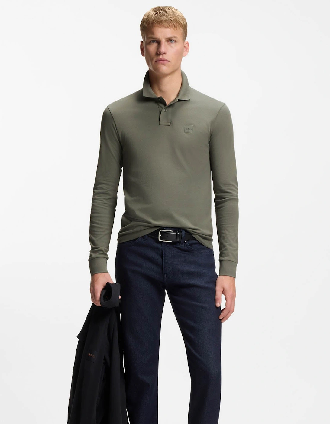 BOSS Orange Passerby Mens Long Sleeve Stretch-Cotton Polo Shirt with Logo Patch - Open Grey 076