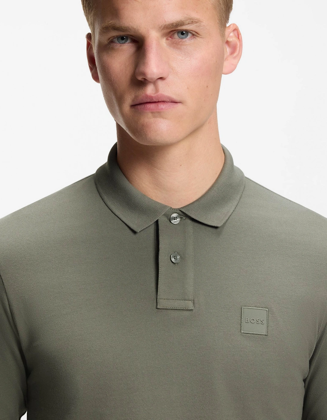 BOSS Orange Passerby Mens Long Sleeve Stretch-Cotton Polo Shirt with Logo Patch - Open Grey 076