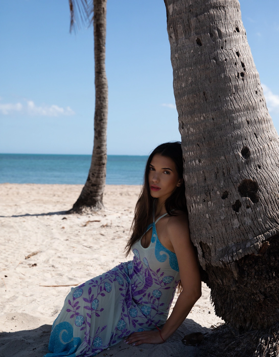 Lobster Hand Beaded Maxi Dress  Blue