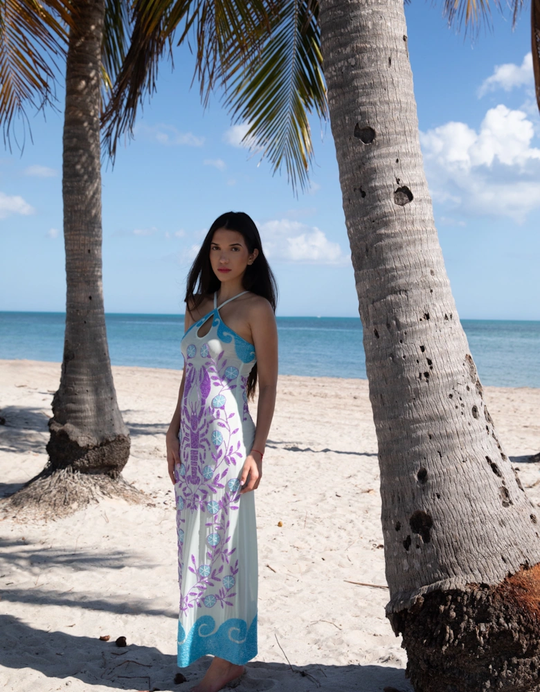 Lobster Hand Beaded Maxi Dress  Blue