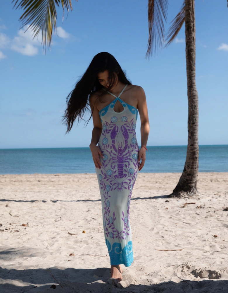 Lobster Hand Beaded Maxi Dress  Blue