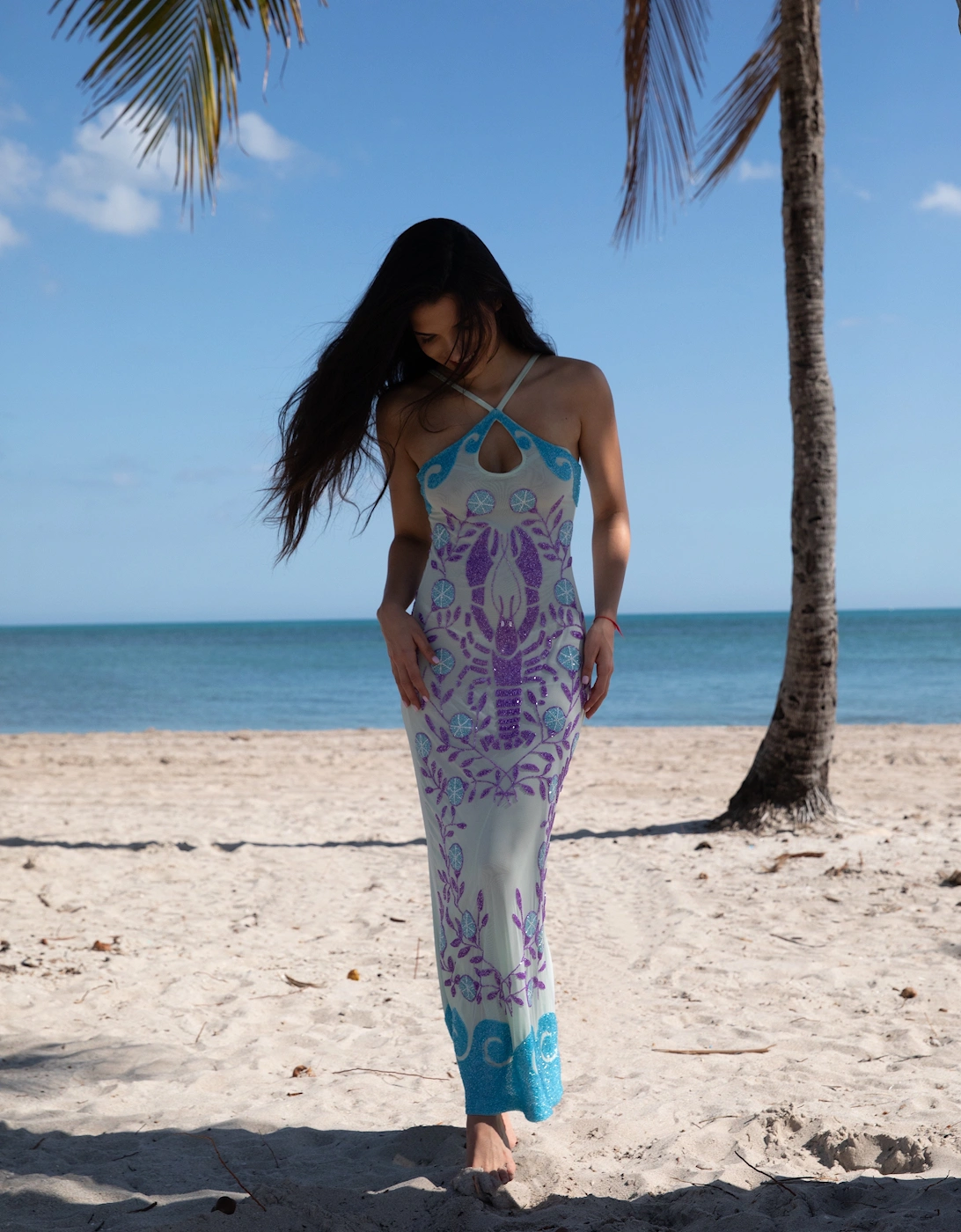 Lobster Hand Beaded Maxi Dress  Blue