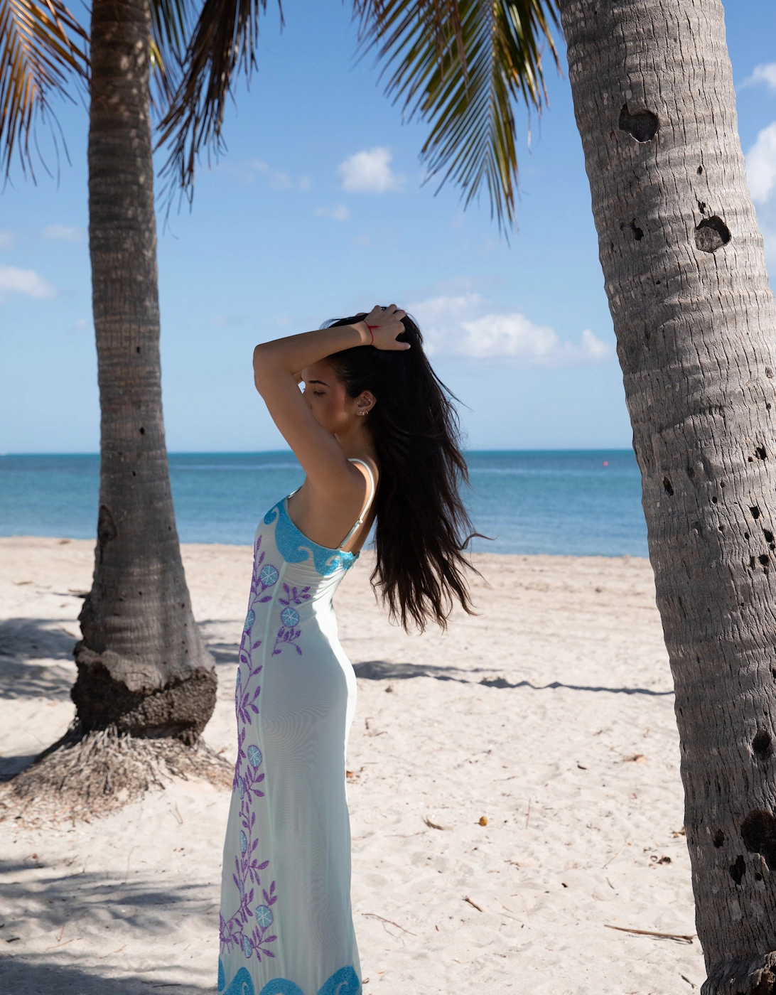 Lobster Hand Beaded Maxi Dress  Blue