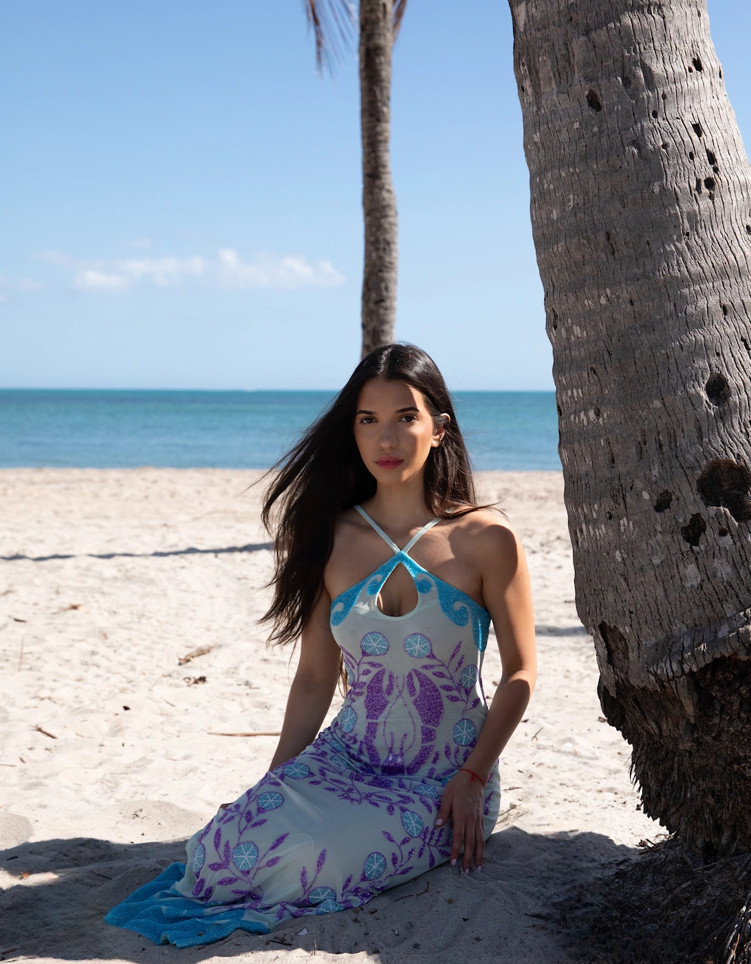 Lobster Hand Beaded Maxi Dress  Blue