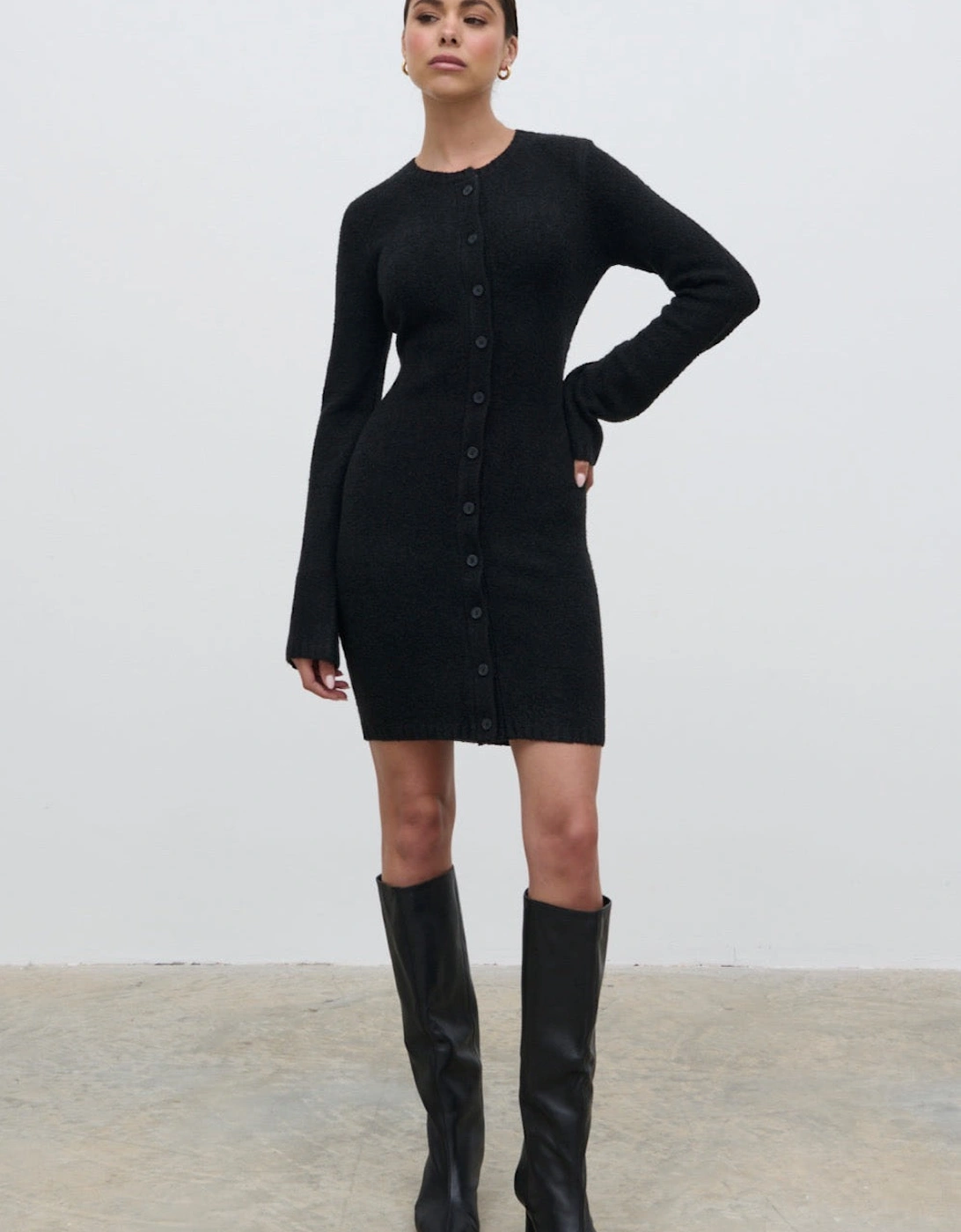 Aida Mini Button Down Knit Dress - Black