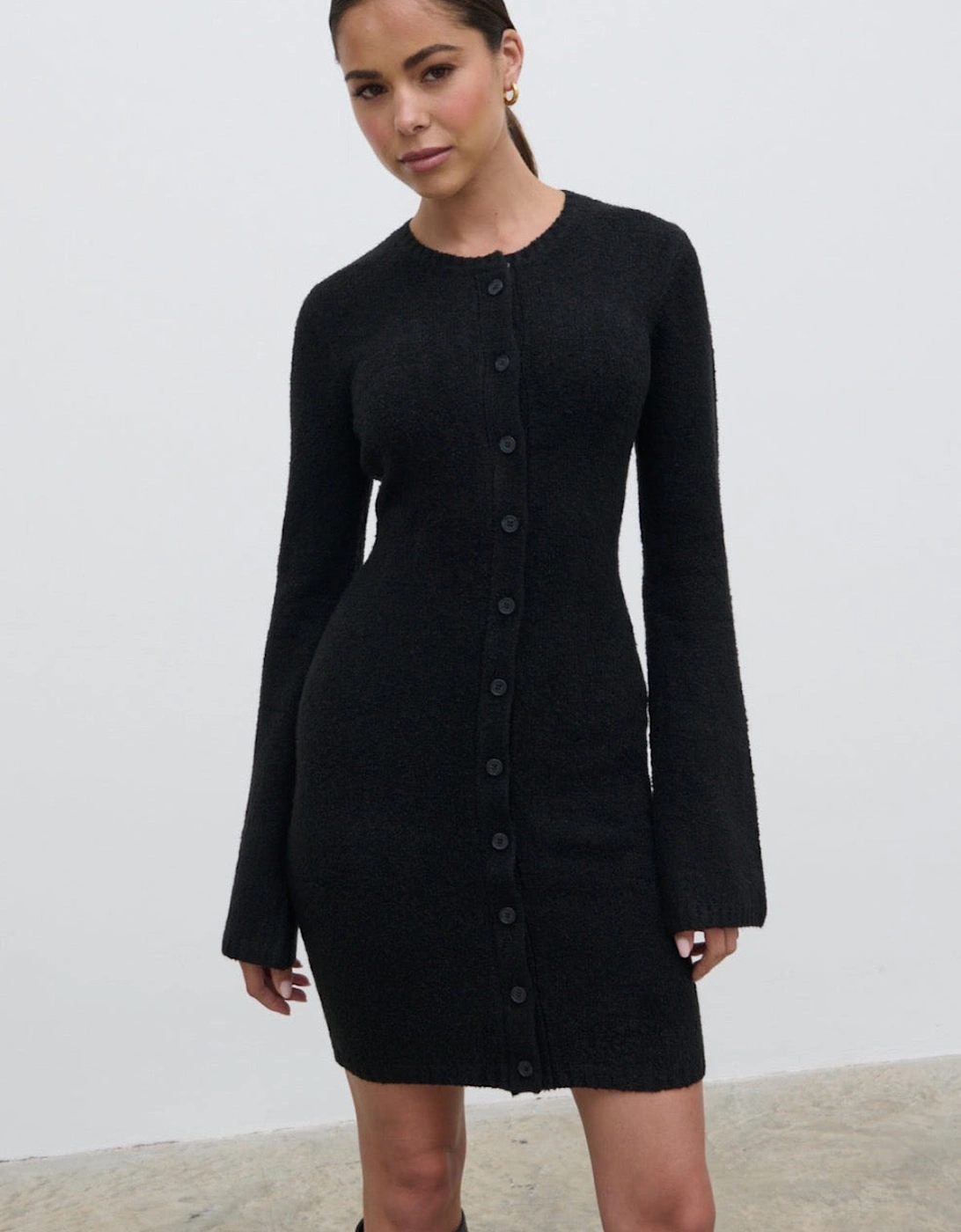 Aida Mini Button Down Knit Dress - Black